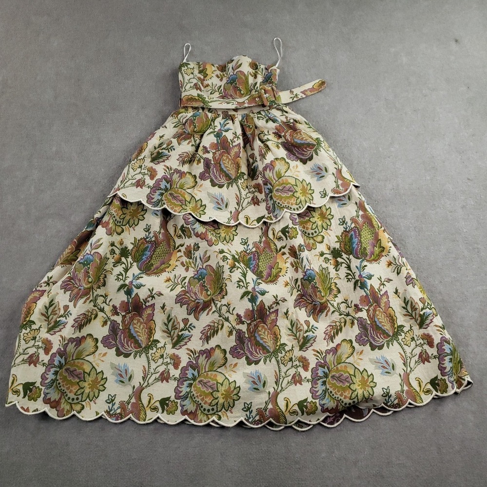 EDDY Daisy Dress Women XS Beige Green Floral Jacquard Sweetheart Tapestry Belted